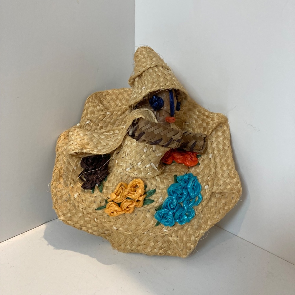 Vintage60's Bahamian handmade woven straw or raffia folk art doll floral accents
